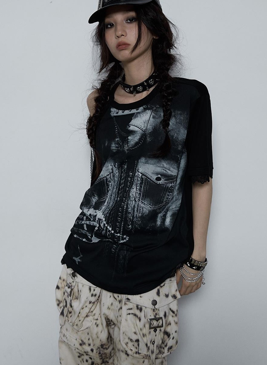 NO ROMANCE Oversized Off Shoulder Lace Print Summer T-Shirt Women