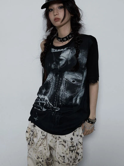 Oversized Off Shoulder Lace Print Summer T-Shirt Women