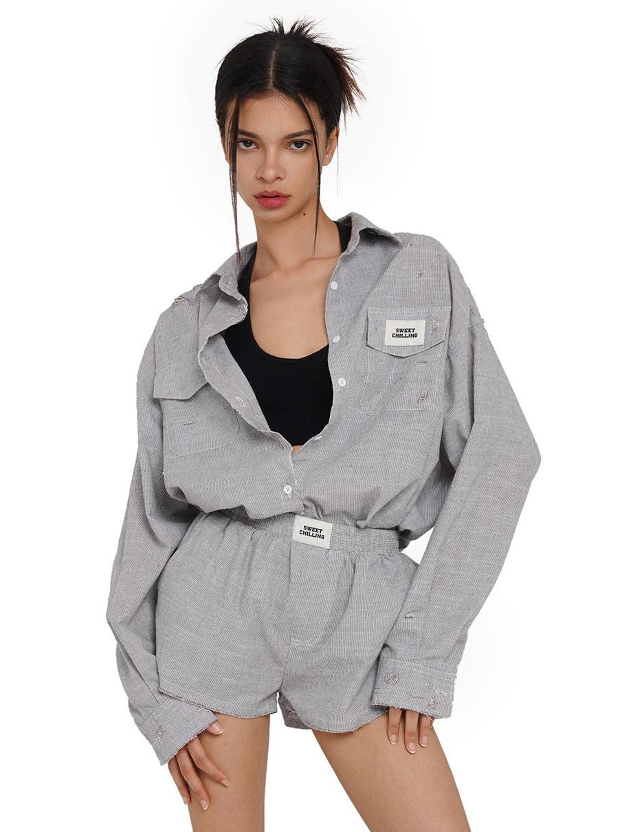 Oversized Plaid Shirt Shorts Set  Summer Casual Outfit