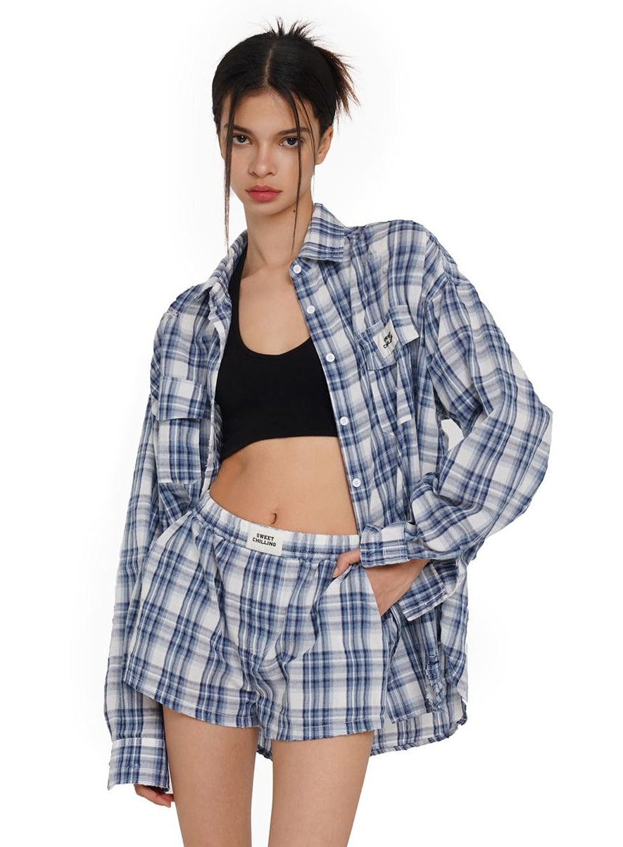 Oversized Plaid Shirt Shorts Set  Summer Casual Outfit