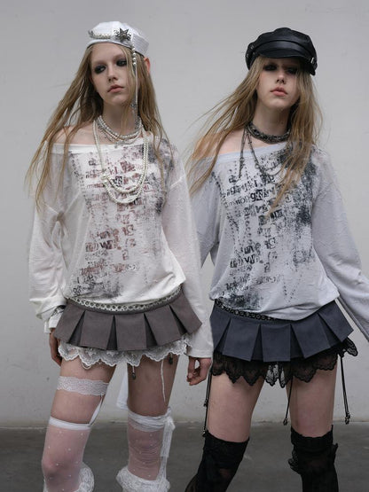 NO ROMANCE Oversized Punk Print Off-Shoulder Long Sleeve T-Shirt