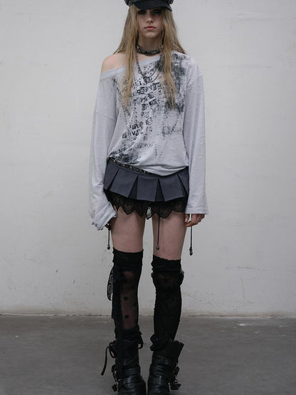 NO ROMANCE Oversized Punk Print Off-Shoulder Long Sleeve T-Shirt