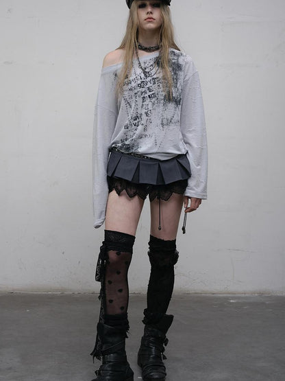 NO ROMANCE Oversized Punk Print Off-Shoulder Long Sleeve T-Shirt
