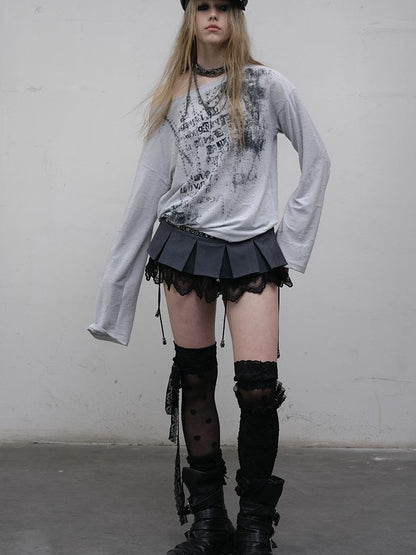 NO ROMANCE Oversized Punk Print Off-Shoulder Long Sleeve T-Shirt