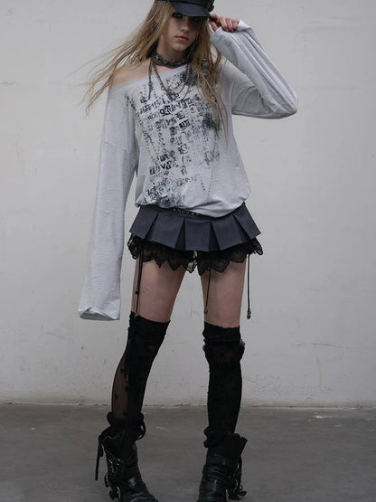 Oversized Punk Print Off-Shoulder Long Sleeve T-Shirt
