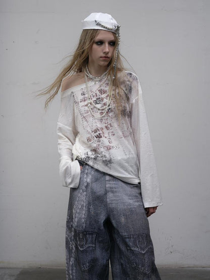 NO ROMANCE Oversized Punk Print Off-Shoulder Long Sleeve T-Shirt