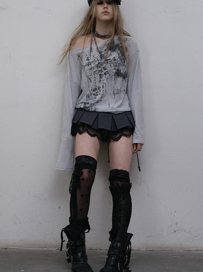 NO ROMANCE Oversized Punk Print Off-Shoulder Long Sleeve T-Shirt