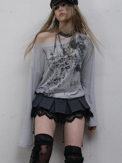 NO ROMANCE Oversized Punk Print Off-Shoulder Long Sleeve T-Shirt