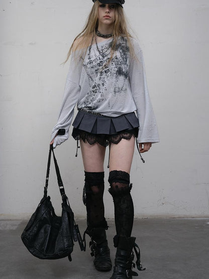 NO ROMANCE Oversized Punk Print Off-Shoulder Long Sleeve T-Shirt