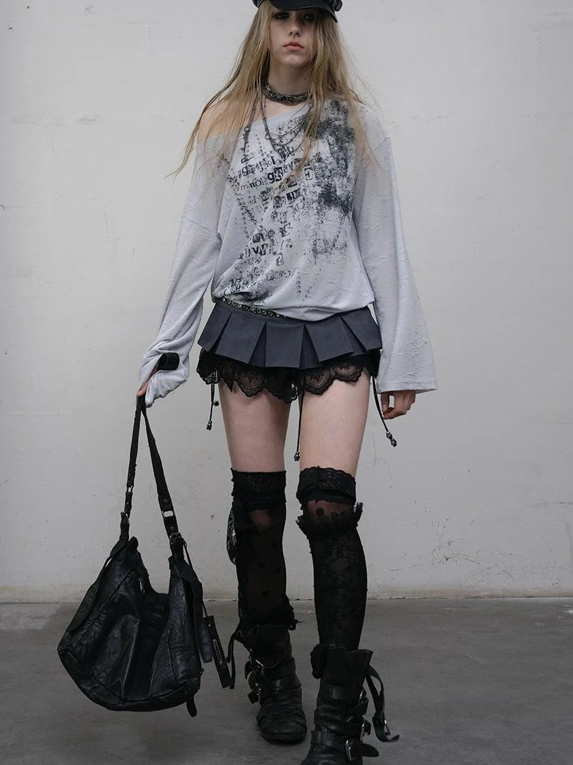 Oversized Punk Print Off-Shoulder Long Sleeve T-Shirt