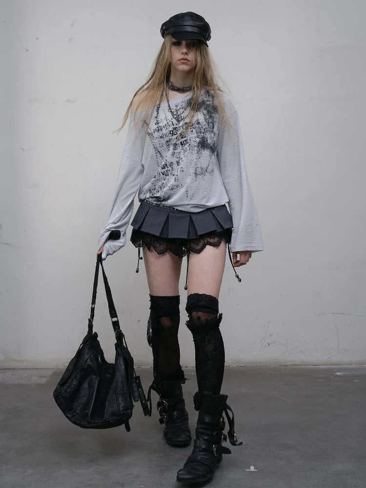 Oversized Punk Print Off-Shoulder Long Sleeve T-Shirt