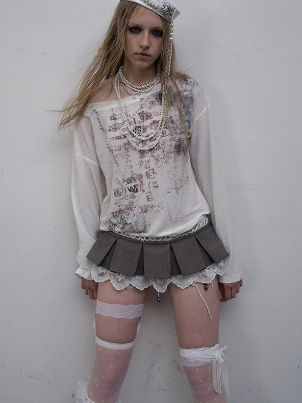 NO ROMANCE Oversized Punk Print Off-Shoulder Long Sleeve T-Shirt
