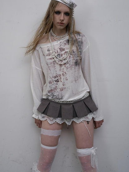 NO ROMANCE Oversized Punk Print Off-Shoulder Long Sleeve T-Shirt