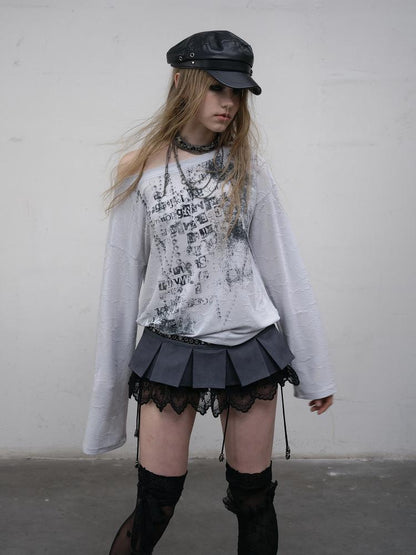 NO ROMANCE Oversized Punk Print Off-Shoulder Long Sleeve T-Shirt