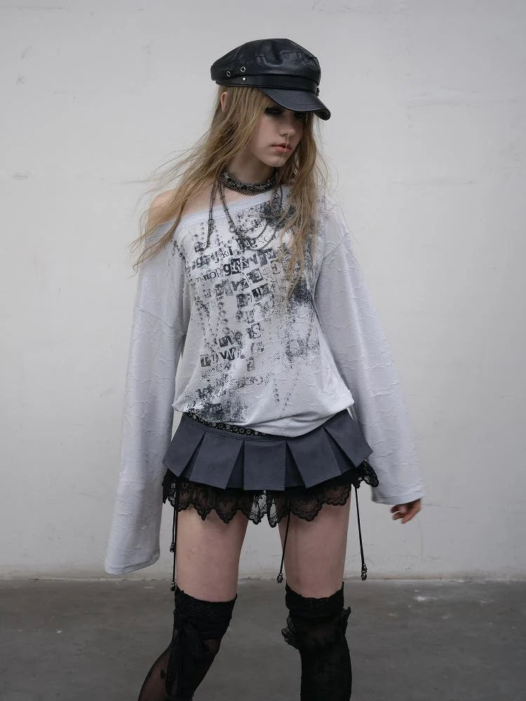 Oversized Punk Print Off-Shoulder Long Sleeve T-Shirt