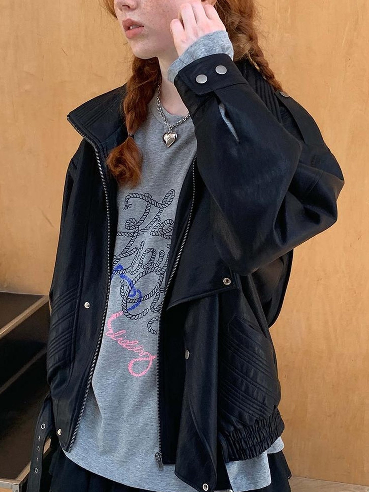 DIDDI MODA Oversized Retro Pu Leather Jacket With Quilted Detailing