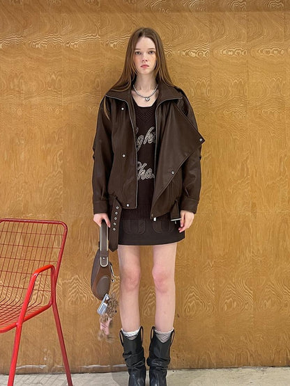 DIDDI MODA Oversized Retro Pu Leather Jacket With Quilted Detailing