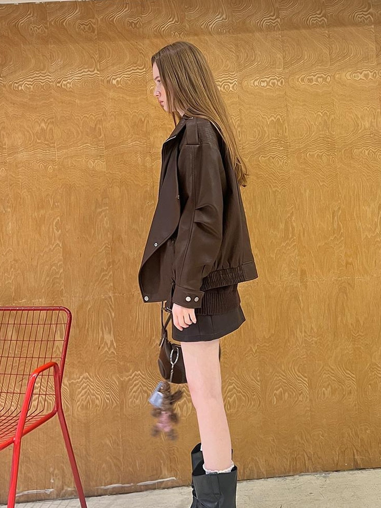 DIDDI MODA Oversized Retro Pu Leather Jacket With Quilted Detailing