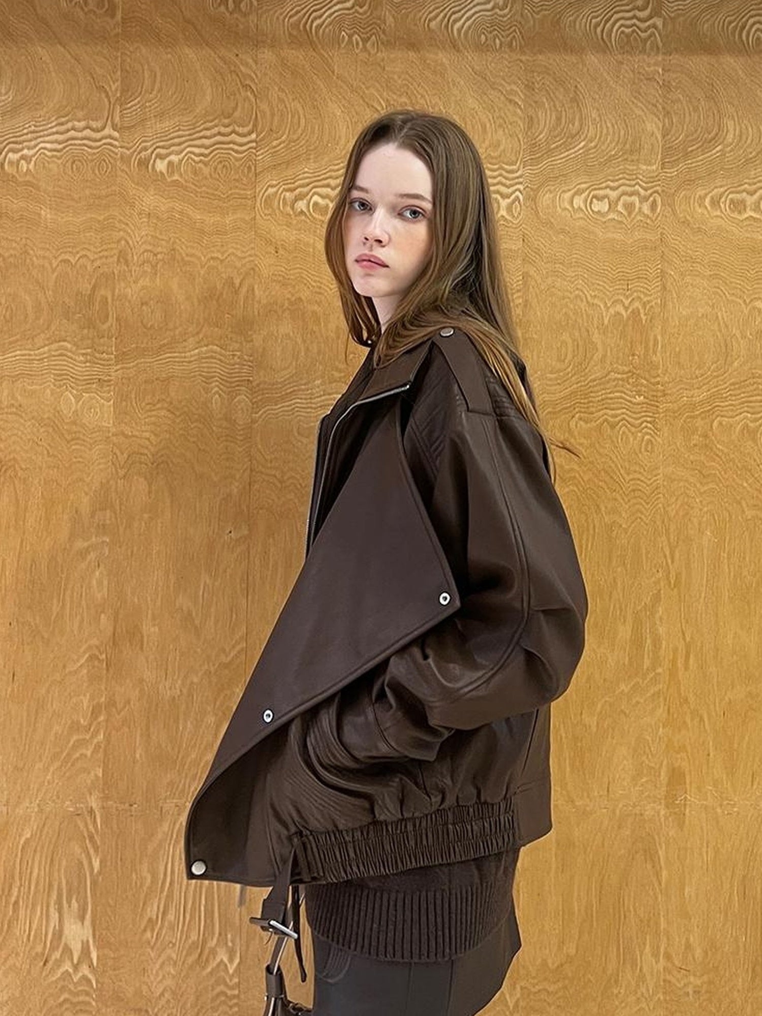 DIDDI MODA Oversized Retro Pu Leather Jacket With Quilted Detailing