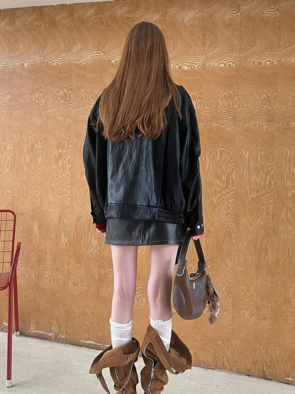 DIDDI MODA Oversized Retro Pu Leather Jacket With Quilted Detailing
