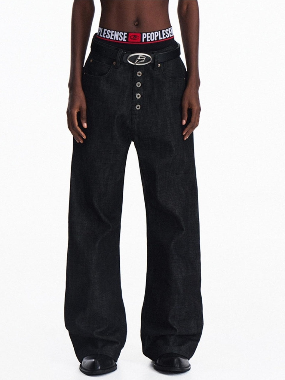 PEOPLESENSE 100% Cotton Selvedge Mid Rise Relaxed Fit Unisex Black Jeans