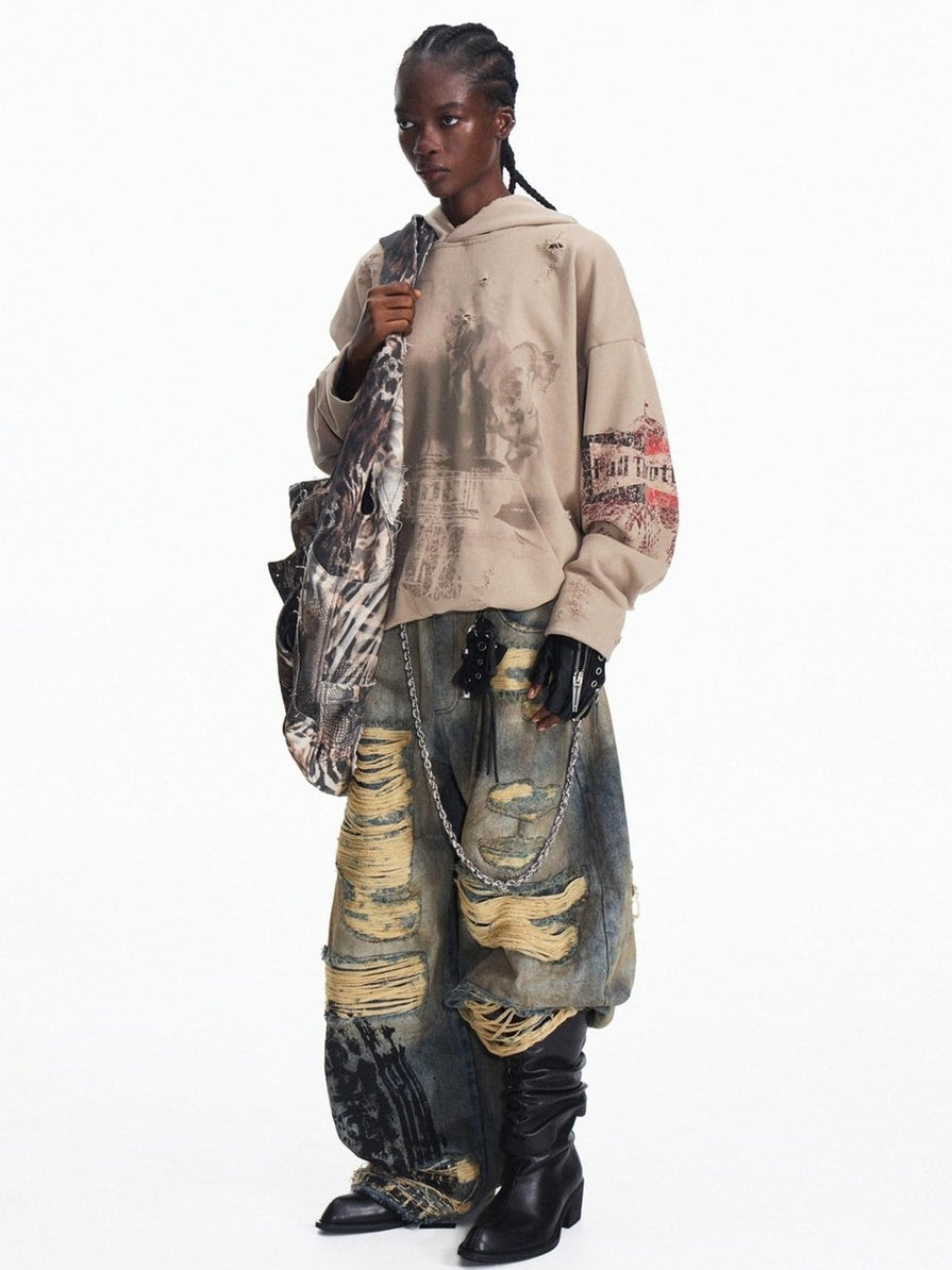 PEOPLESENSE 100% Cotton Slight Stretch High Waist Ripped Wide Leg Unisex Washed Blue Jeans