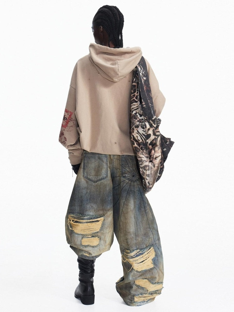 PEOPLESENSE 100% Cotton Slight Stretch High Waist Ripped Wide Leg Unisex Washed Blue Jeans