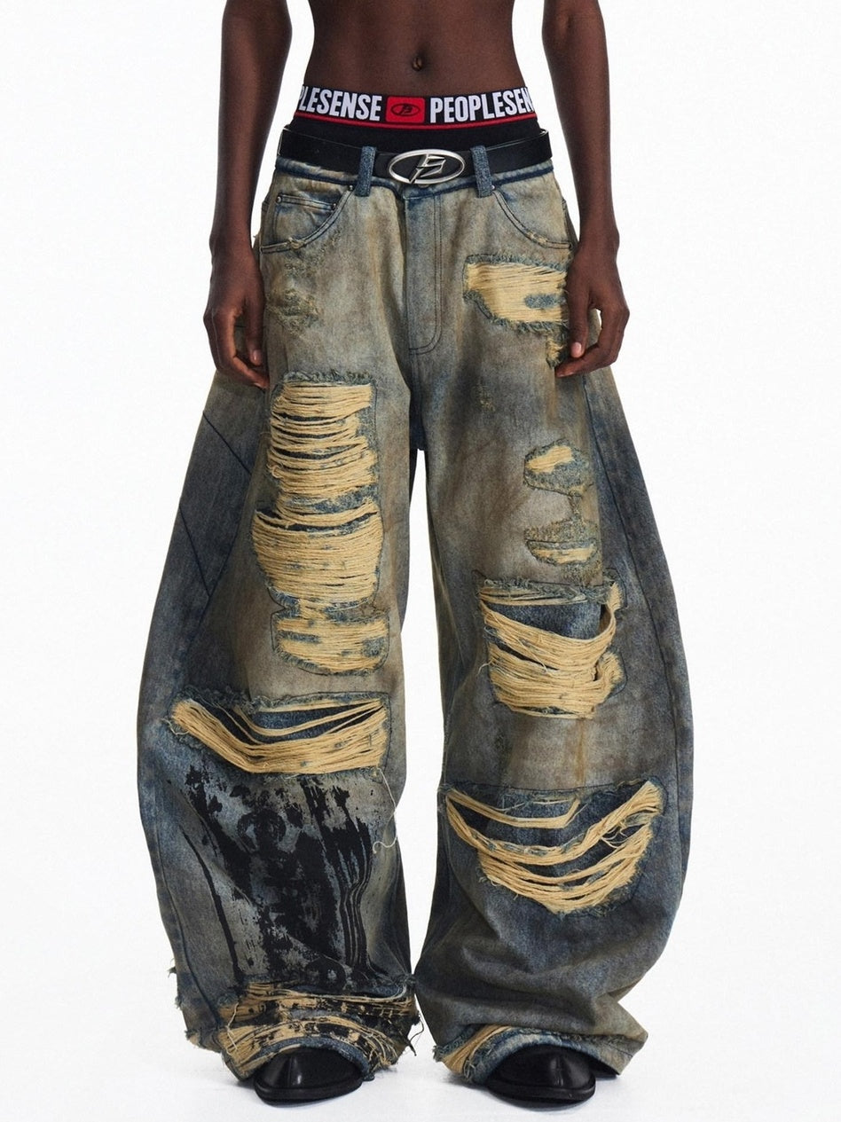 PEOPLESENSE 100% Cotton Slight Stretch High Waist Ripped Wide Leg Unisex Washed Blue Jeans