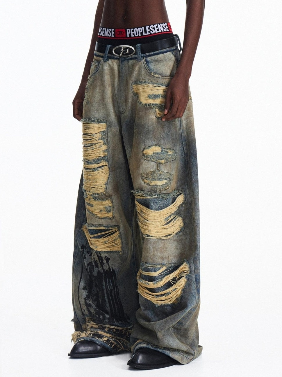 PEOPLESENSE 100% Cotton Slight Stretch High Waist Ripped Wide Leg Unisex Washed Blue Jeans