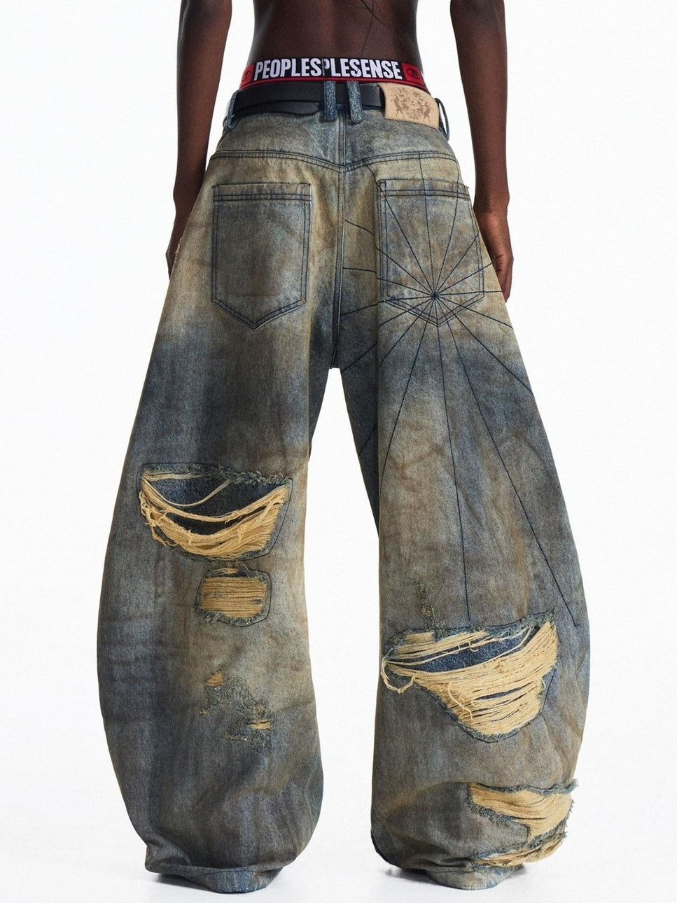 PEOPLESENSE 100% Cotton Slight Stretch High Waist Ripped Wide Leg Unisex Washed Blue Jeans