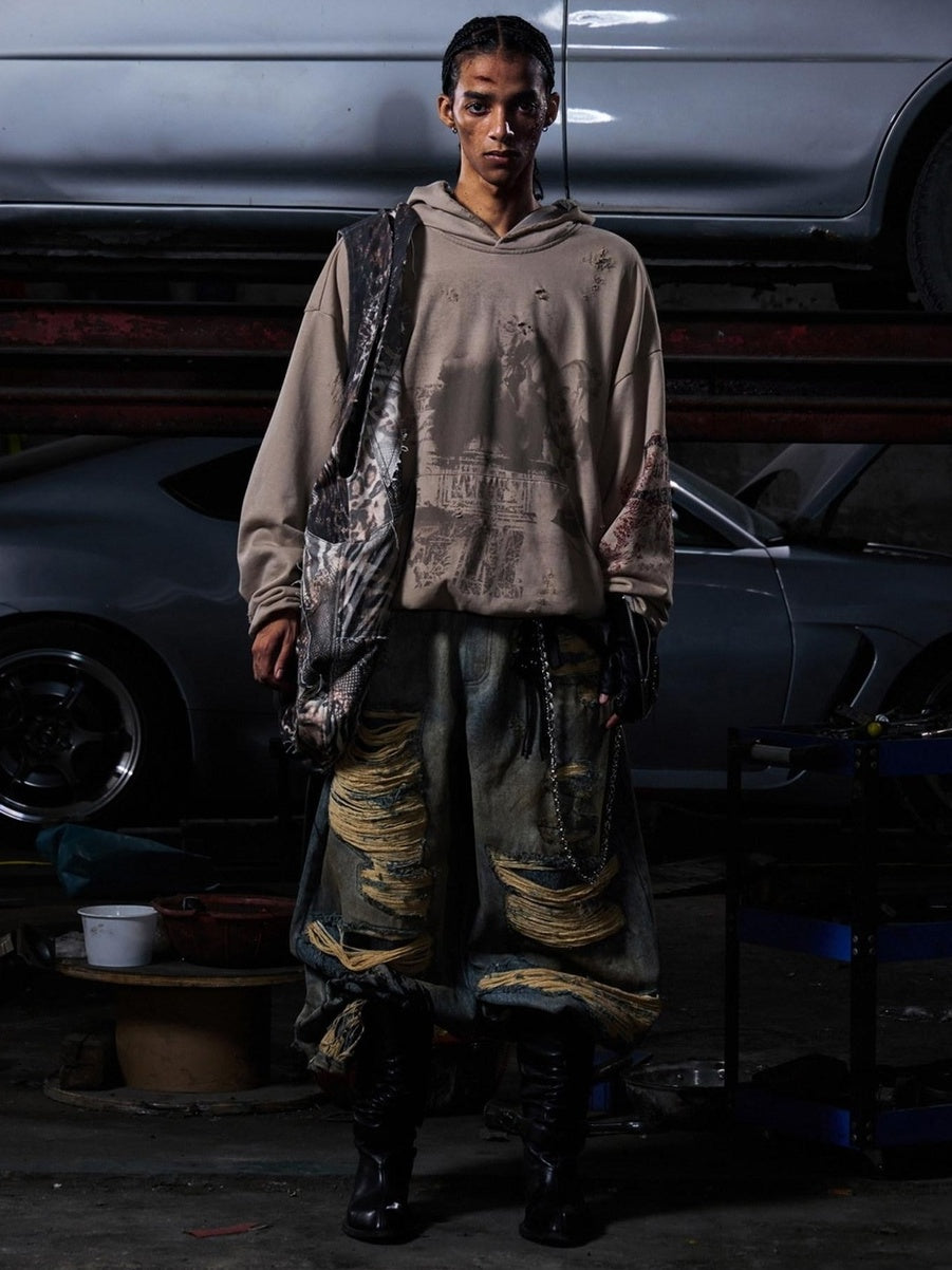 PEOPLESENSE 100% Cotton Slight Stretch High Waist Ripped Wide Leg Unisex Washed Blue Jeans