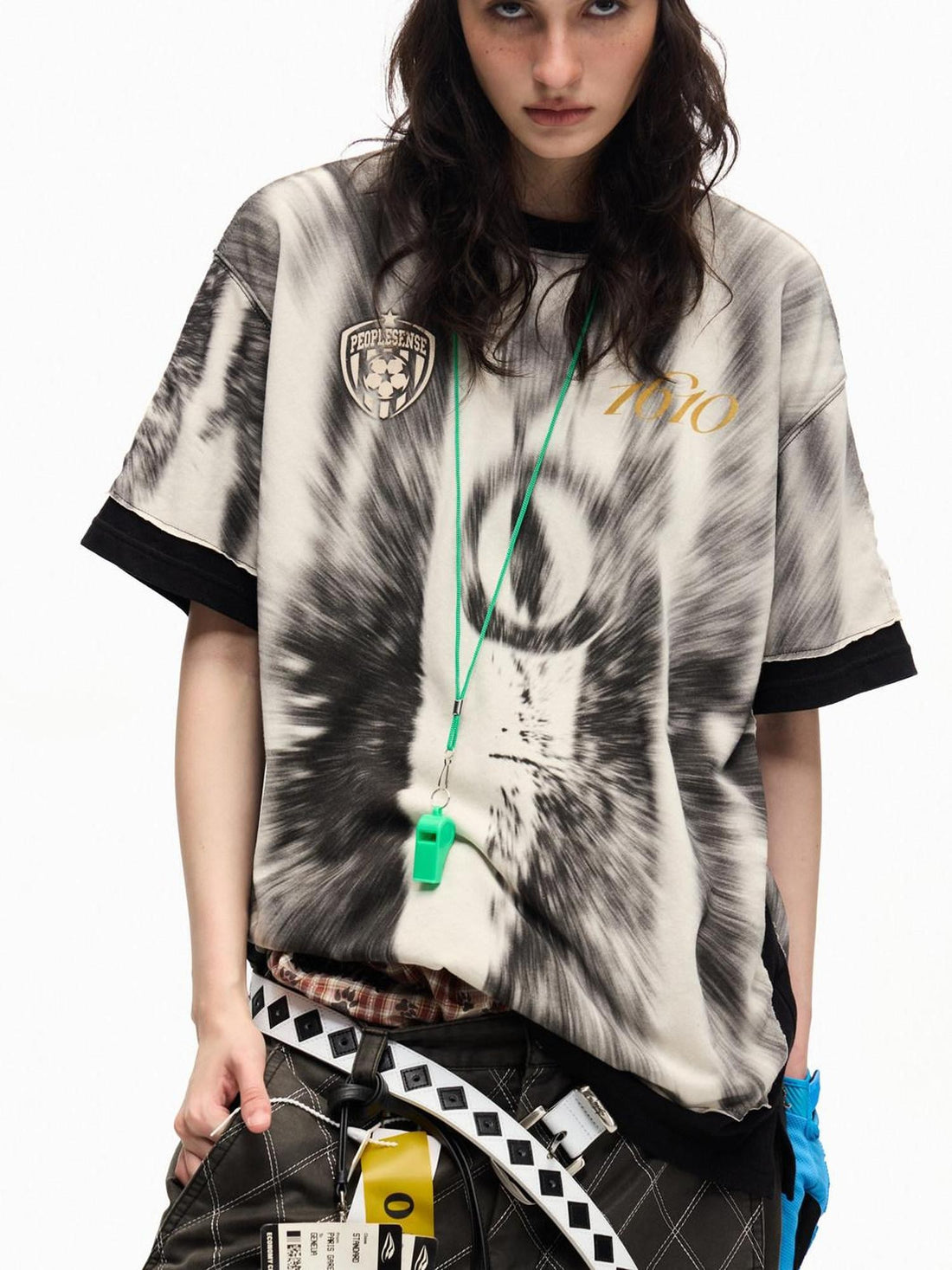 PEOPLESENSE Black White Ombre Badge Print Faux Layered Women&