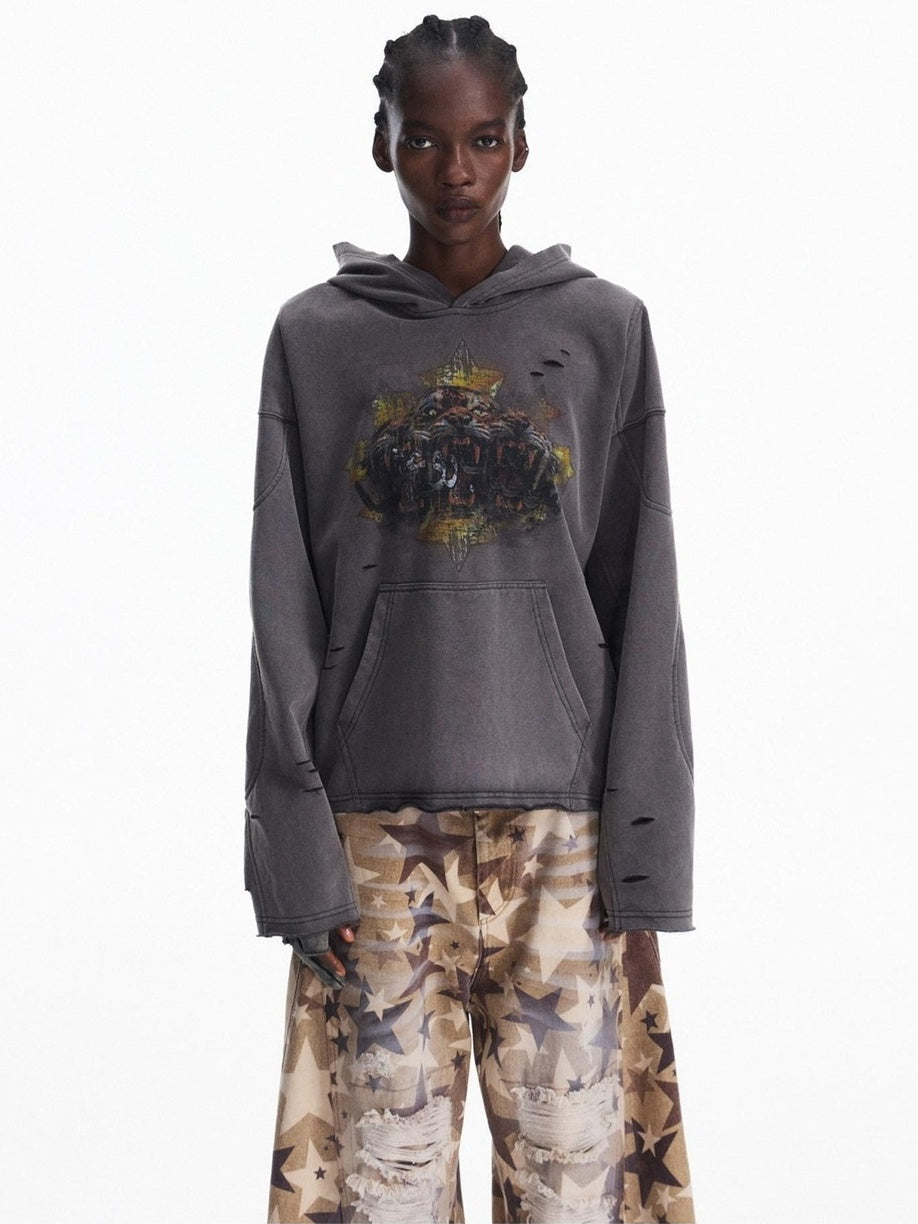 PEOPLESENSE Breathable Cotton Blend Oversized Distressed Waterbased Print Unisex Hoodies