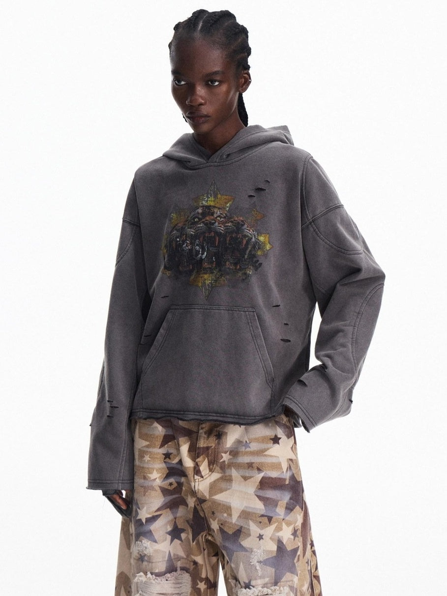 PEOPLESENSE Breathable Cotton Blend Oversized Distressed Waterbased Print Unisex Hoodies