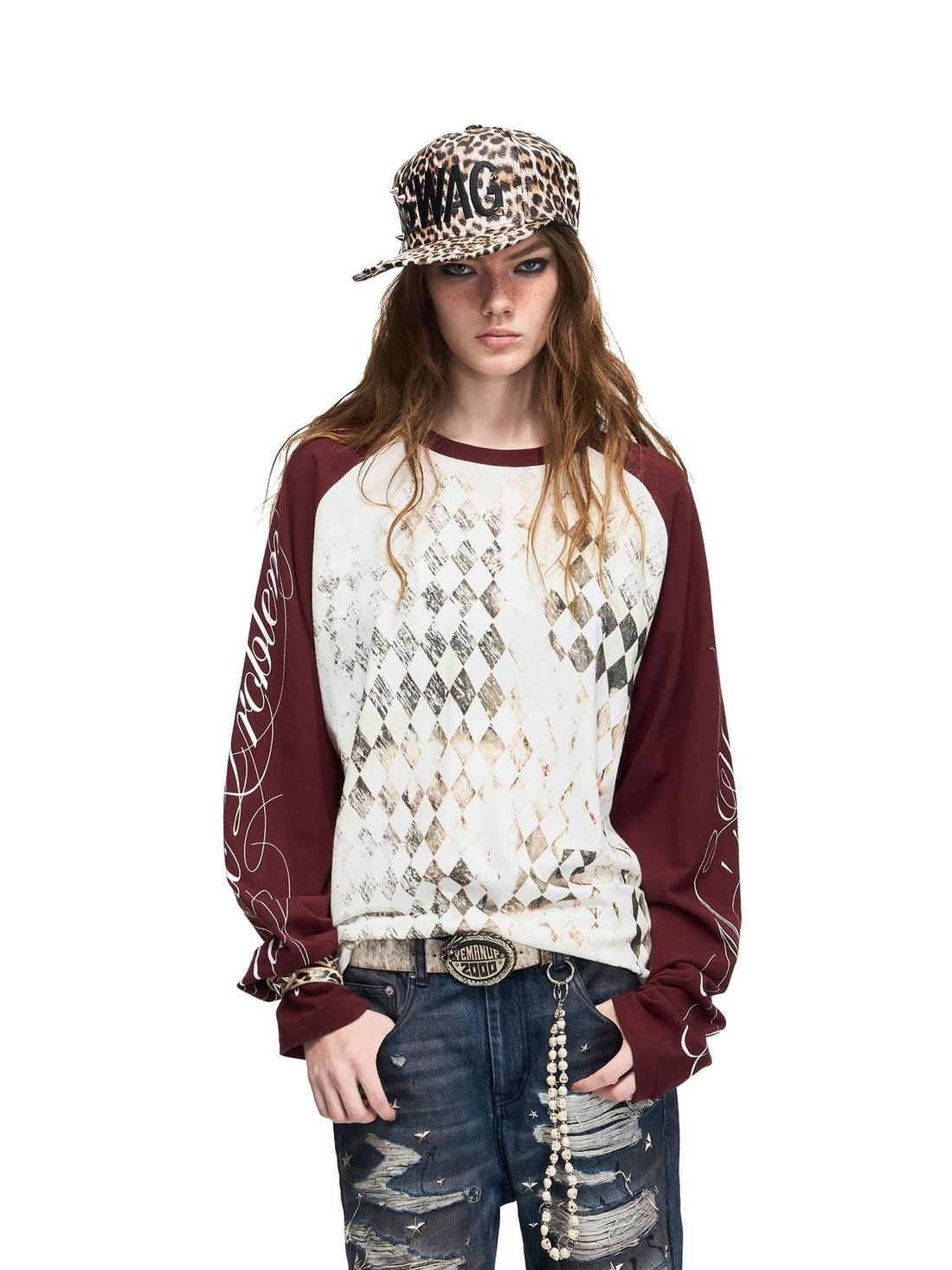 PEOPLESENSE Checkerboard Color Block Raglan Print Women&