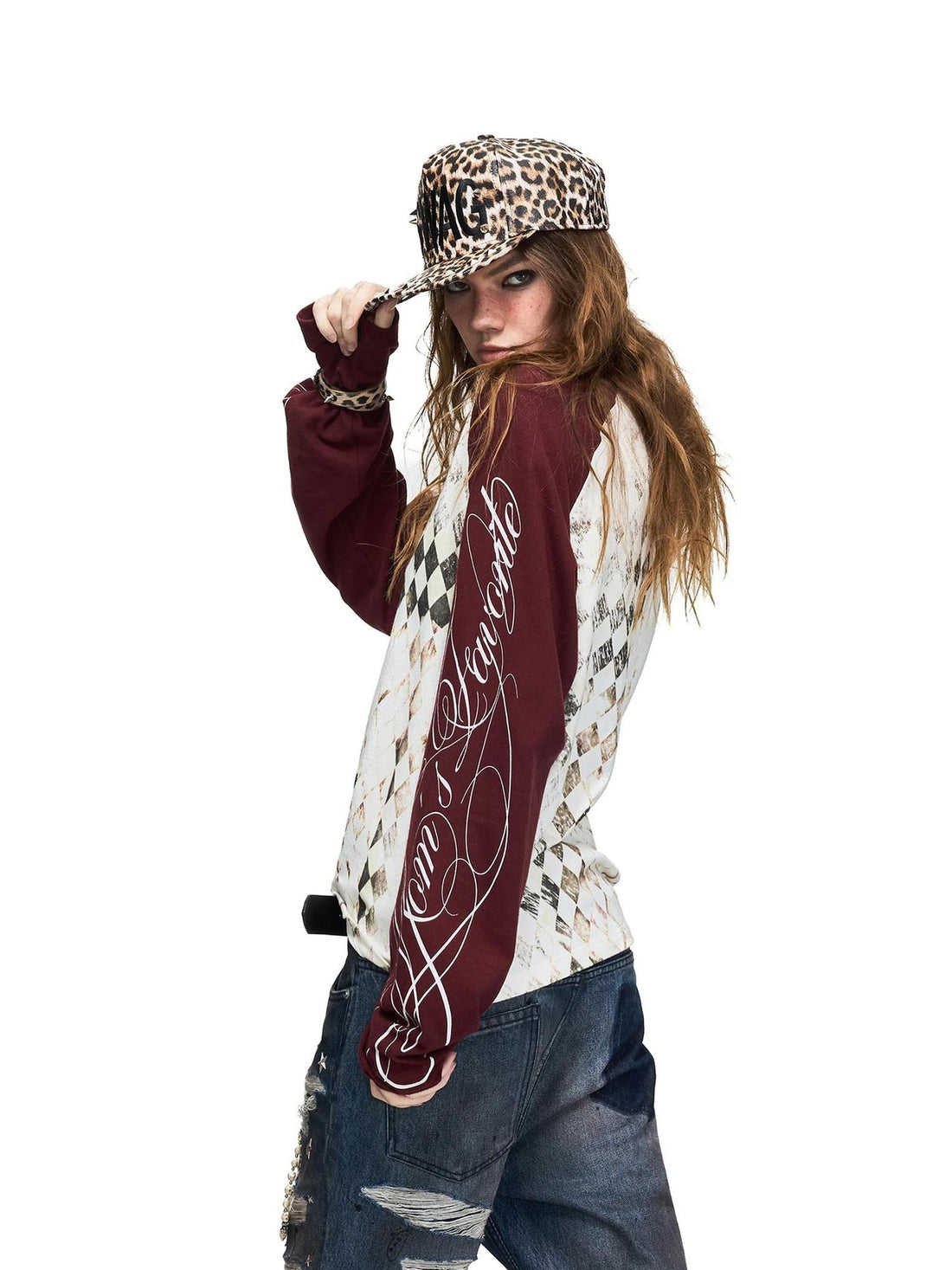 PEOPLESENSE Checkerboard Color Block Raglan Print Women&