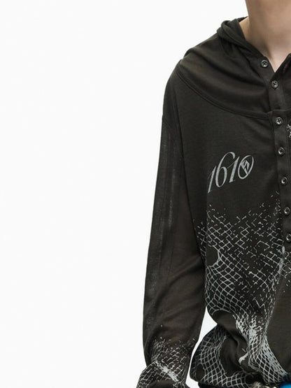 PEOPLESENSE Dark Mesh Print Distressed Gothic Henley Women&