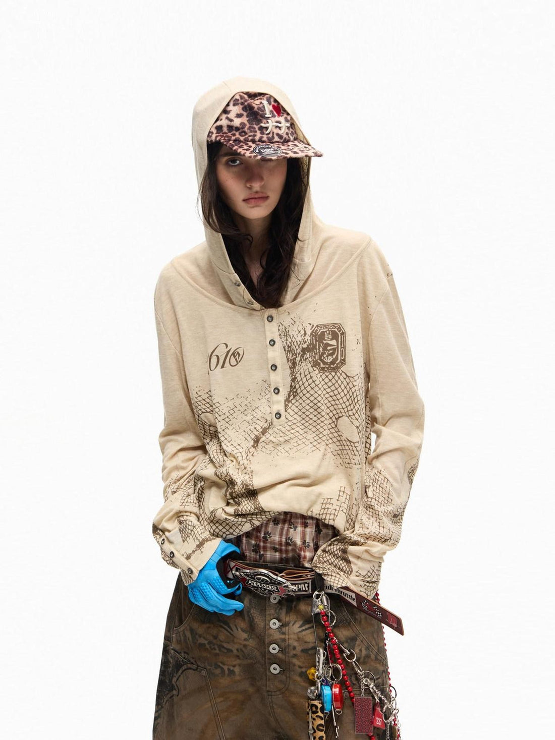 PEOPLESENSE Deconstructed Mesh Distressed Print Henley Collar Women&