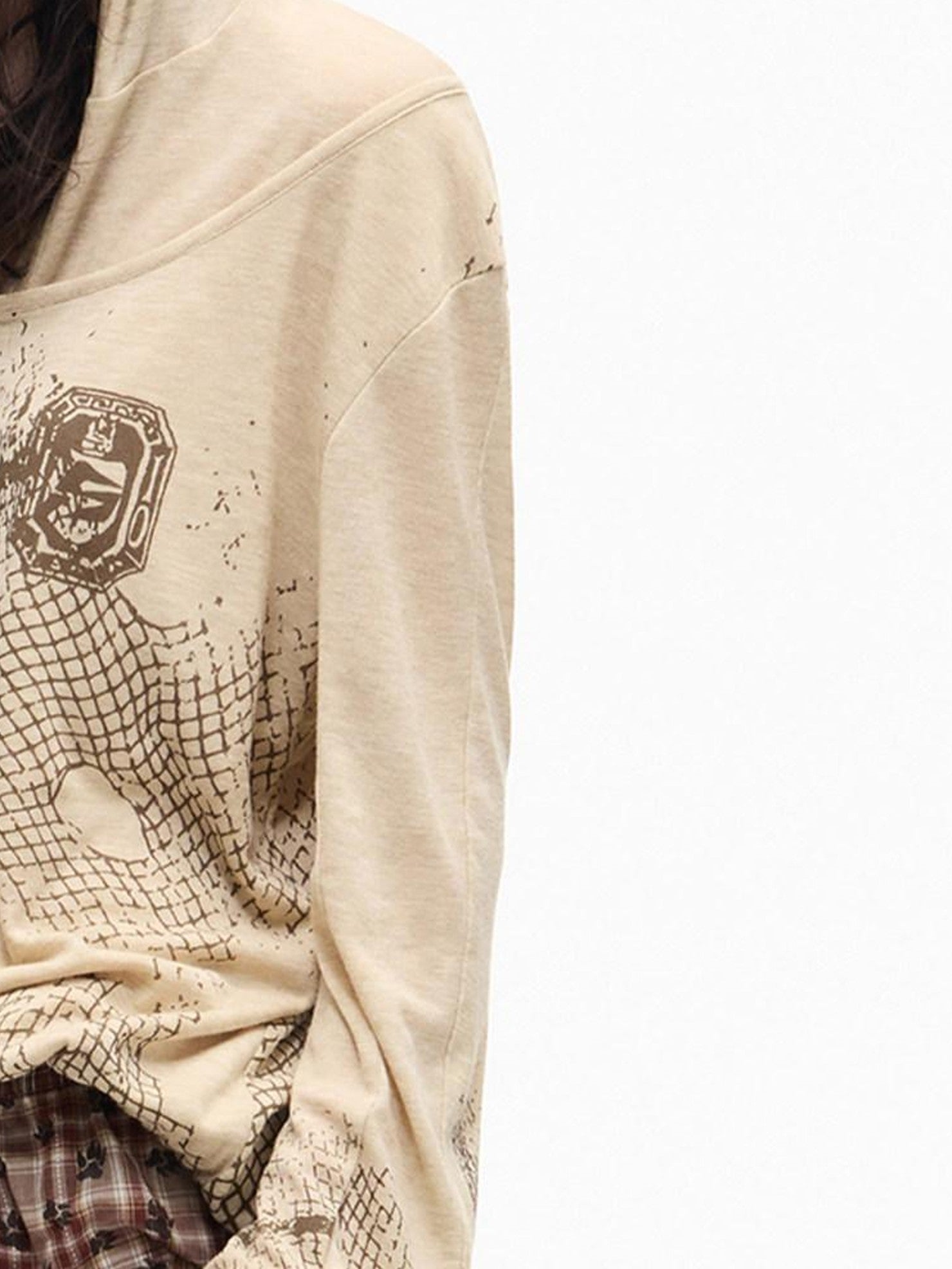 PEOPLESENSE Deconstructed Mesh Distressed Print Henley Collar Women&