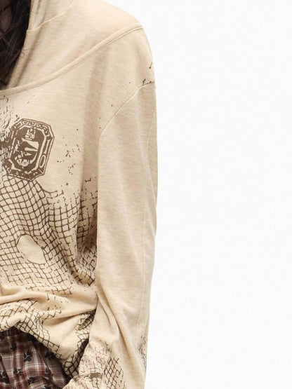 PEOPLESENSE Deconstructed Mesh Distressed Print Henley Collar Women&
