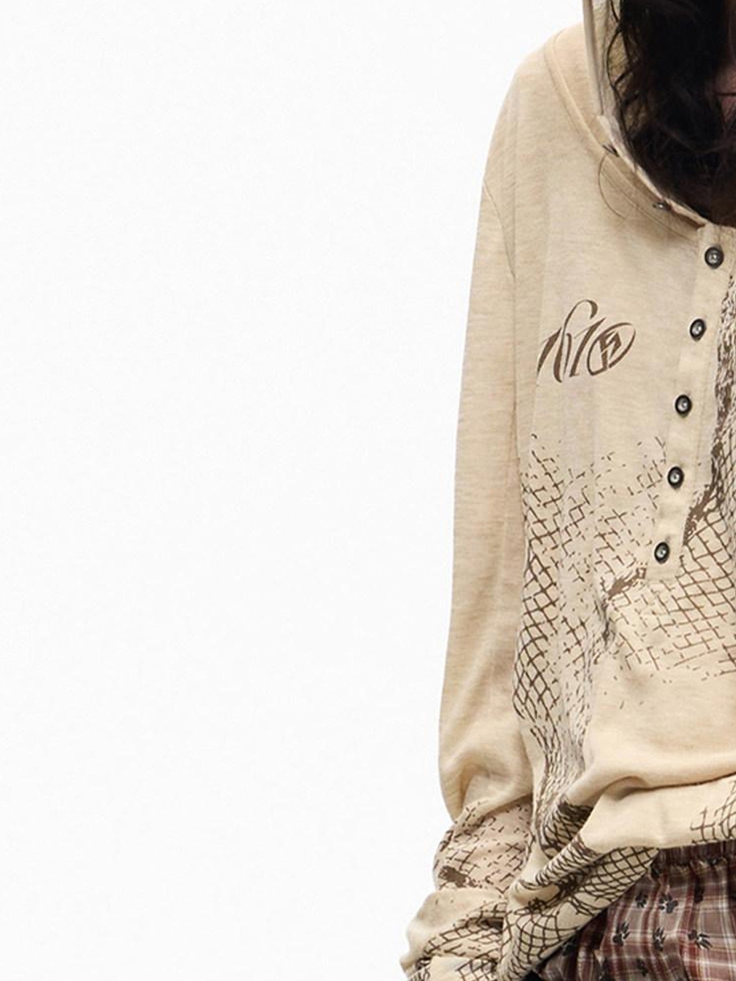 PEOPLESENSE Deconstructed Mesh Distressed Print Henley Collar Women&
