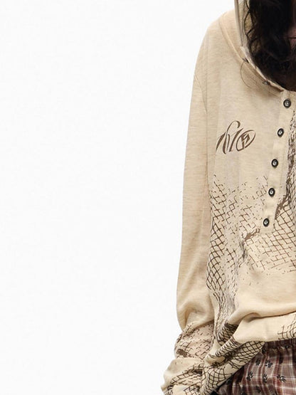 PEOPLESENSE Deconstructed Mesh Distressed Print Henley Collar Women&