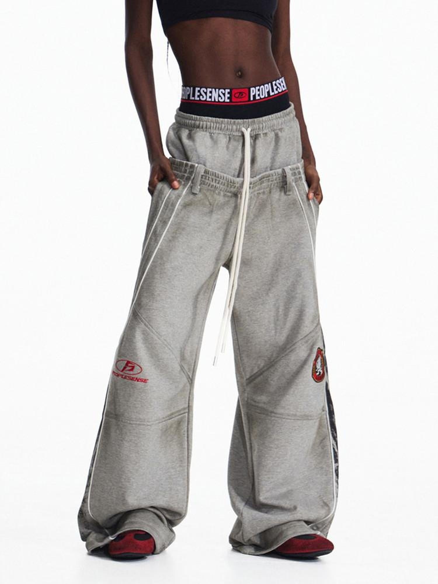 PEOPLESENSE Distressed Colorblock Loose Mid Rise Drawstring Straight Leg Casual Cotton Pants