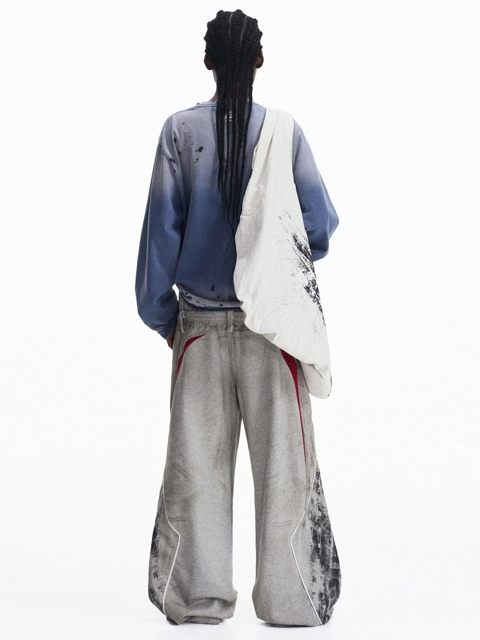 PEOPLESENSE Distressed Colorblock Loose Mid Rise Drawstring Straight Leg Casual Cotton Pants