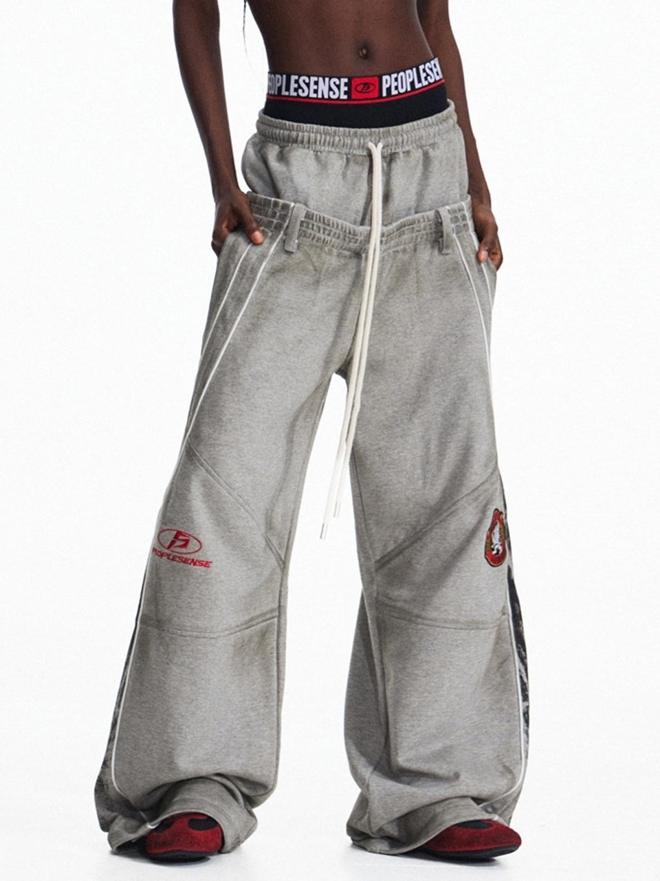 PEOPLESENSE Distressed Colorblock Loose Mid Rise Drawstring Straight Leg Casual Cotton Pants