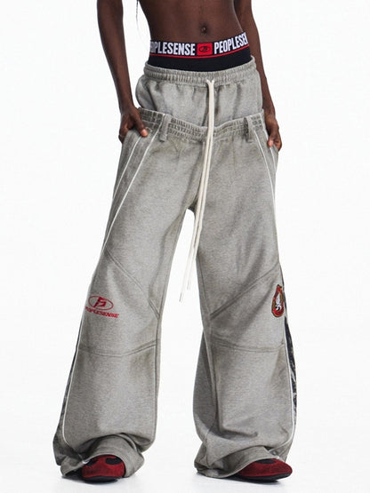 PEOPLESENSE Distressed Colorblock Loose Mid Rise Drawstring Straight Leg Casual Cotton Pants