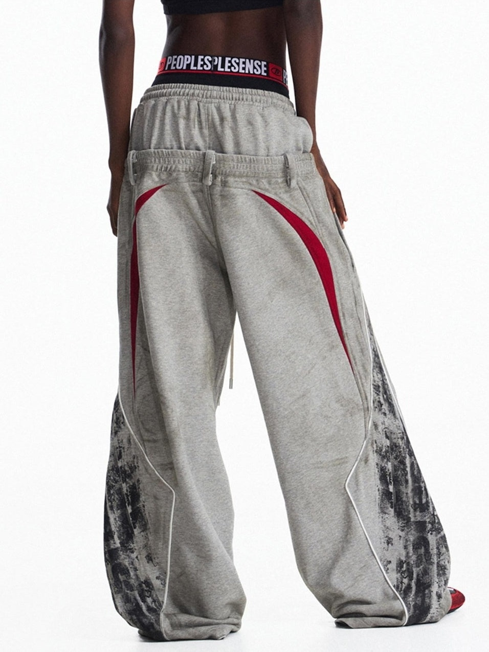 PEOPLESENSE Distressed Colorblock Loose Mid Rise Drawstring Straight Leg Casual Cotton Pants