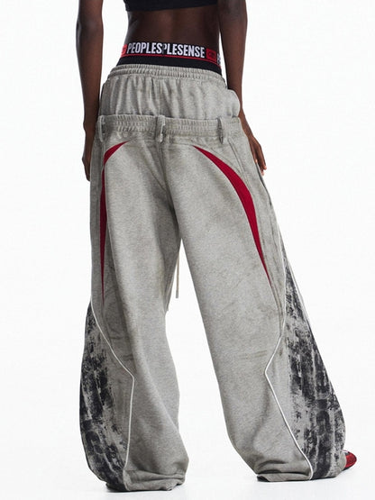 PEOPLESENSE Distressed Colorblock Loose Mid Rise Drawstring Straight Leg Casual Cotton Pants