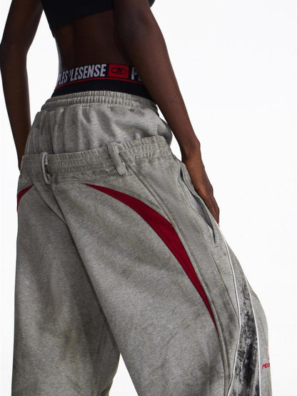 PEOPLESENSE Distressed Colorblock Loose Mid Rise Drawstring Straight Leg Casual Cotton Pants