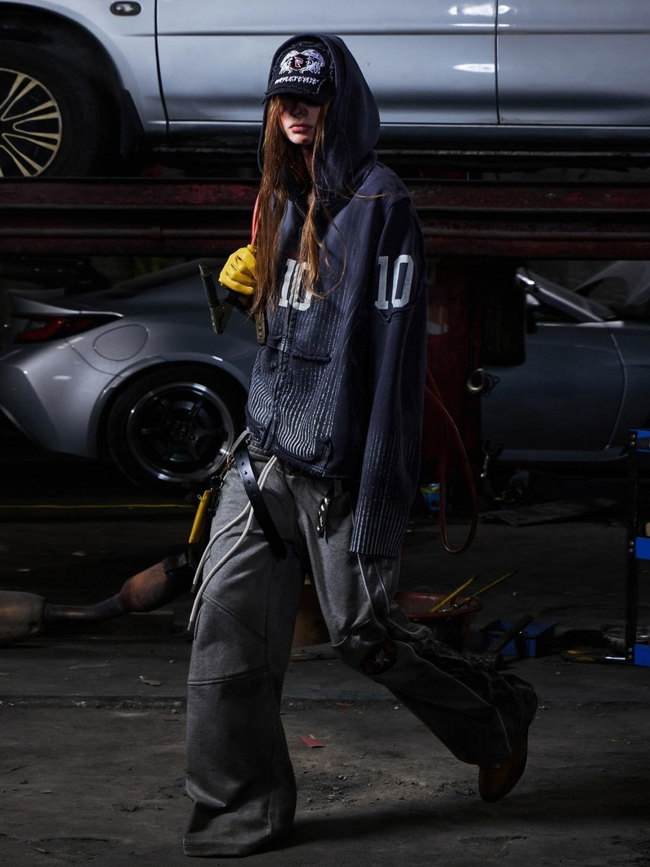 PEOPLESENSE Distressed Colorblock Loose Mid Rise Drawstring Straight Leg Casual Cotton Pants